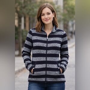 Navy & Gray Striped Zip-Up Sweater Jacket | Cozy Casual Layer | Size Large